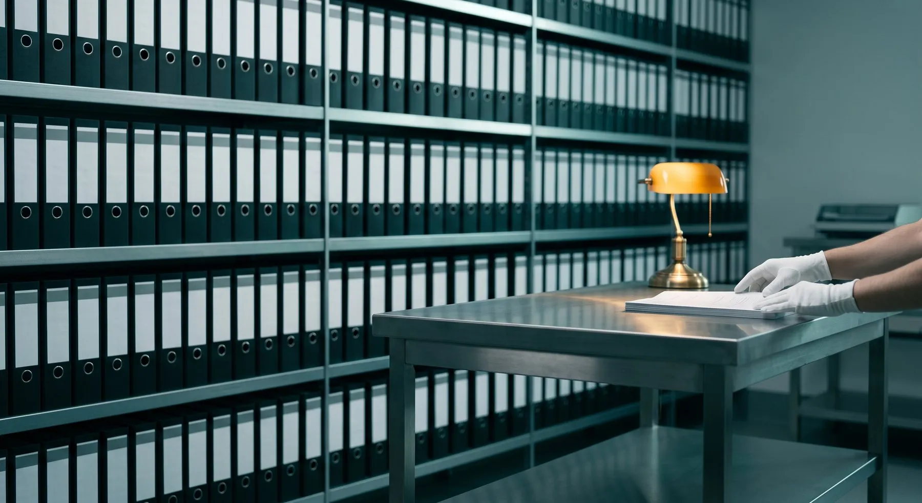 Cuarto de control de documentos farmacéuticos con filas de cartapacios alineados