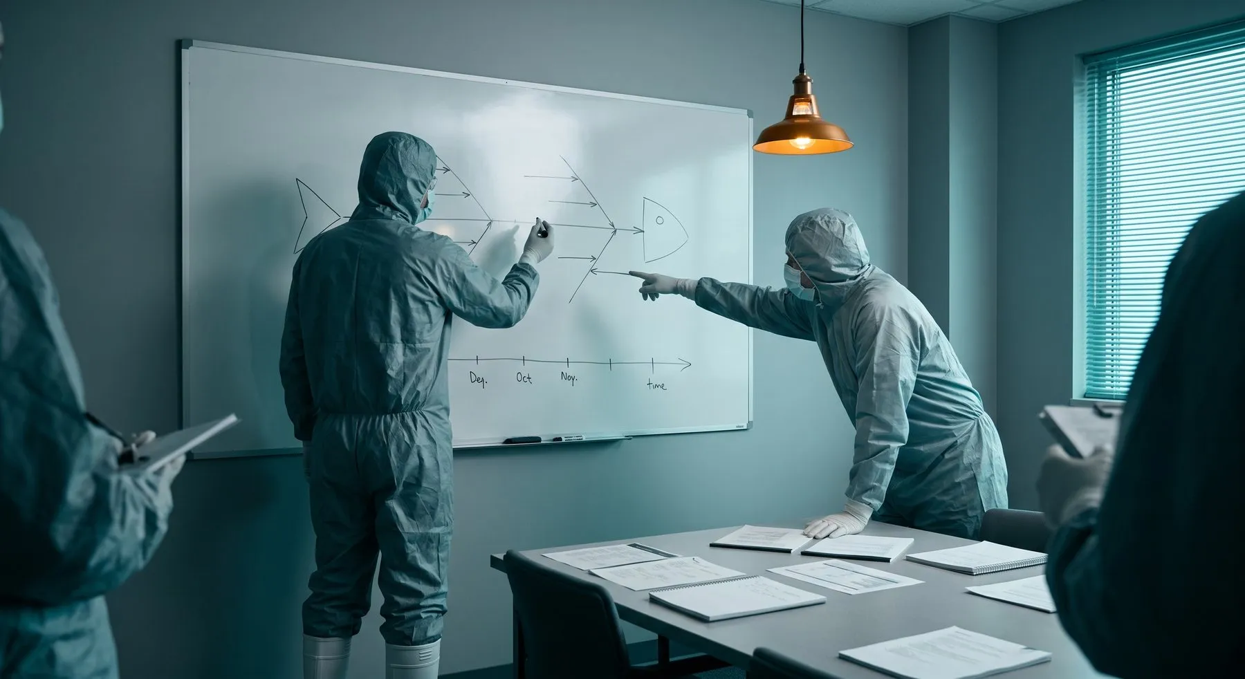 Dos personas trabajando un diagrama de causa y efecto en una pizarra